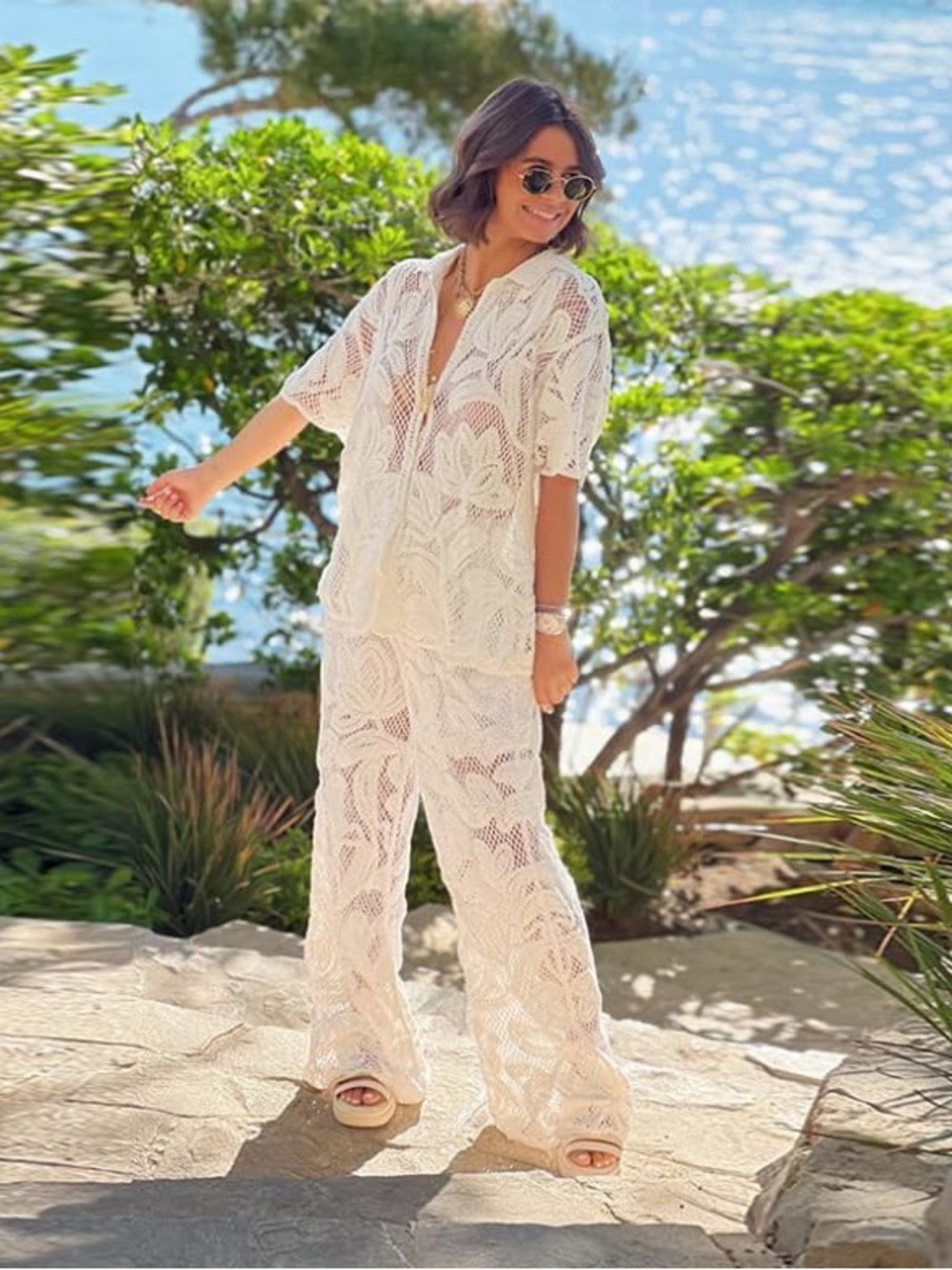 White Crochet Two-Piece Set - Short Sleeve Top & Wide Leg Pants